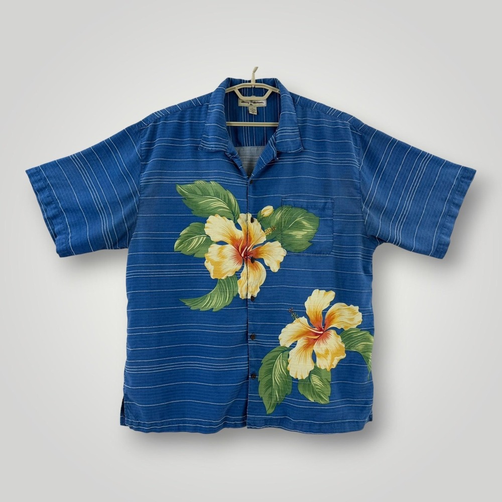 Tommy Bahama Shirt Mens XL Blue Hibiscus Floral Camp Silk Cotton Aloha